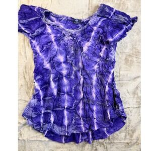 Fairycore Mermaidcore Purple Tie Dye Crinkle Blouse‎ Sequin Embroidered Boho Top